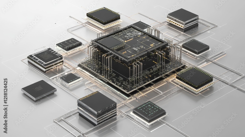 Poster A detailed 3D diagram of microchips interconnected with digital circuits, representing the complexity and power of modern electronics