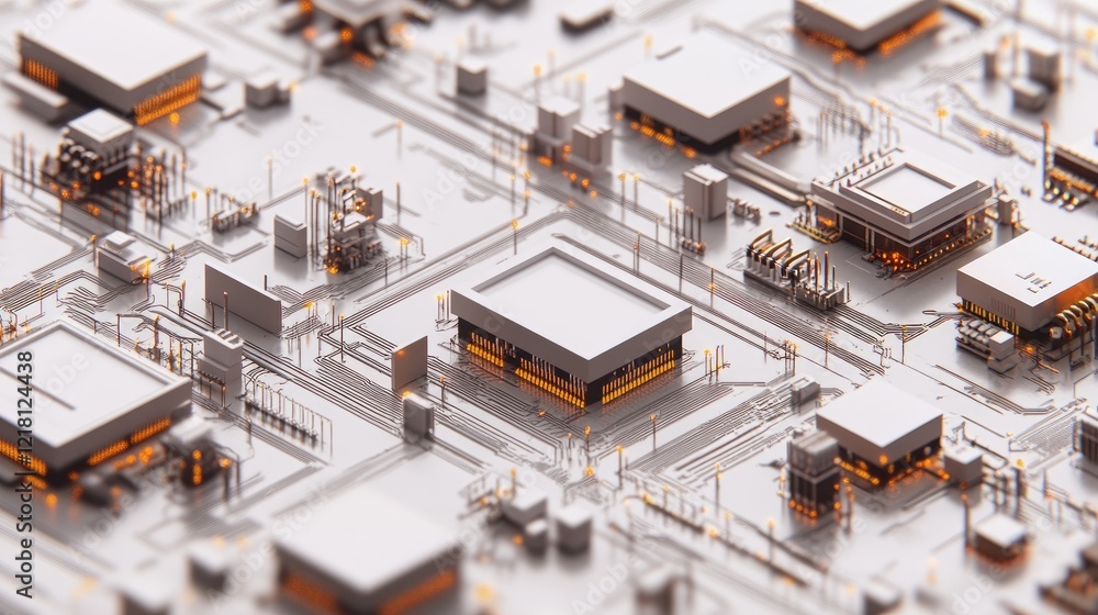 Poster A detailed 3D diagram of microchips interconnected with digital circuits, representing the complexity and power of modern electronics