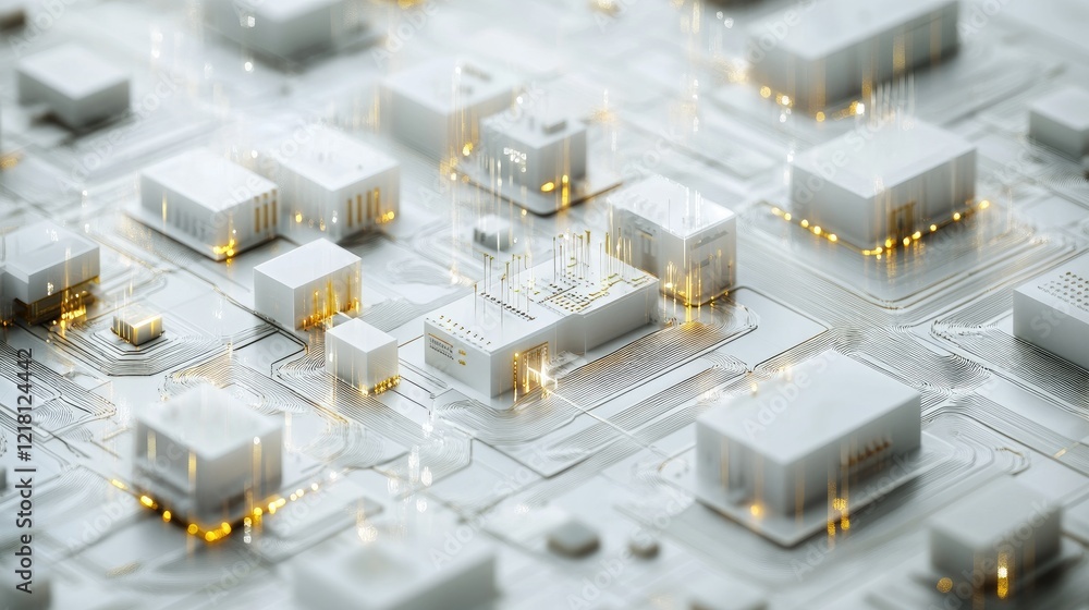 Poster A detailed 3D diagram of microchips interconnected with digital circuits, representing the complexity and power of modern electronics