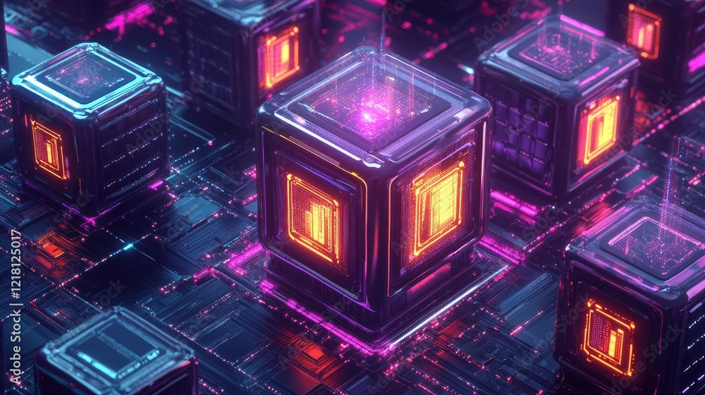 Poster A digital abstract representation of big data, with glowing storage units and complex patterns, highlighting the modern era of data-driven technology