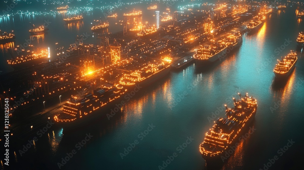 Aufkleber A digital concept image showing an aerial view of a port with glowing lines connecting vessels, symbolizing the global flow of trade and technology integration