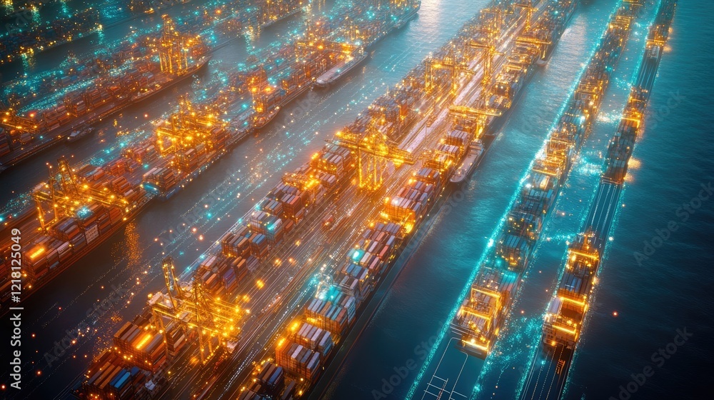 Poster a digital concept image showing an aerial view of a port with glowing lines connecting vessels, symb