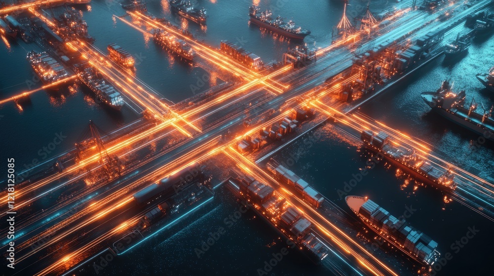Poster A digital concept image showing an aerial view of a port with glowing lines connecting vessels, symbolizing the global flow of trade and technology integration