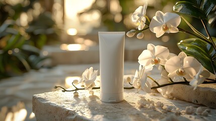 White Cream Tube with Orchids in Peaceful Sunset Setting