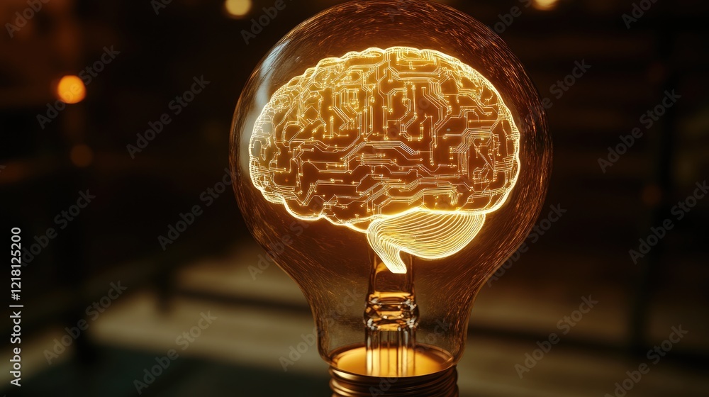 Poster A digital concept of a brain inside a light bulb, with illuminated AI circuits and data, representing the fusion of technology and intelligence in the modern world