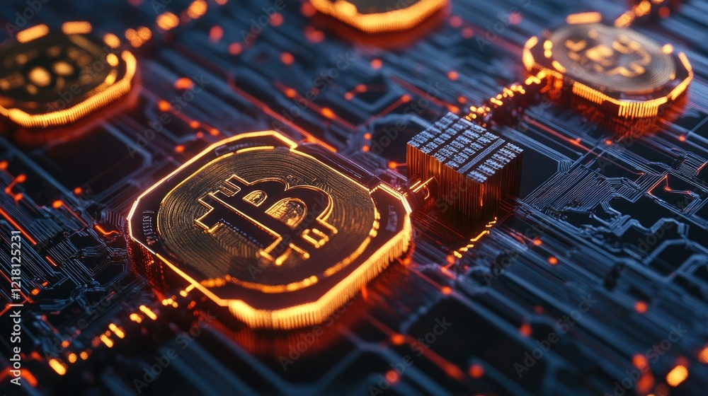 Poster A digital concept of Bitcoin and cryptocurrency blocks, with glowing blocks forming a secure chain, representing the technology behind digital currencies