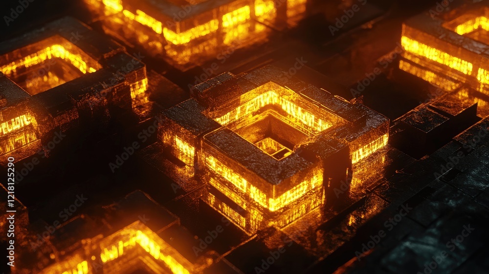 Poster A digital concept of Bitcoin and cryptocurrency blocks, with glowing blocks forming a secure chain, representing the technology behind digital currencies