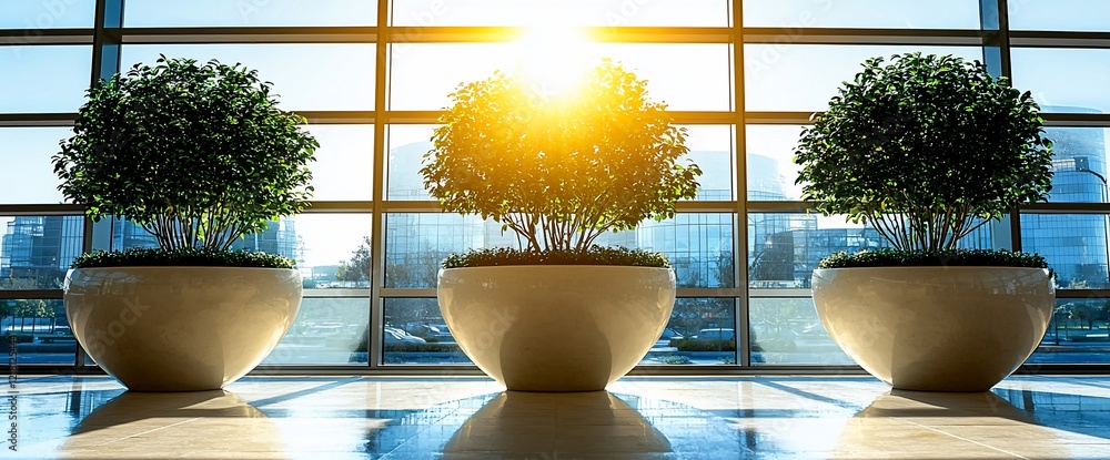 Aufkleber three potted plants in a modern building with large windows and sunlight streaming in.