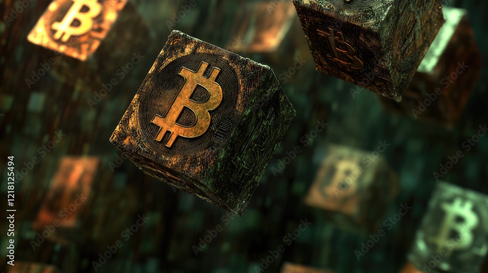 Poster A digital rendering of Bitcoin blocks floating over a network, representing the complex and innovative technology of cryptocurrency and blockchain