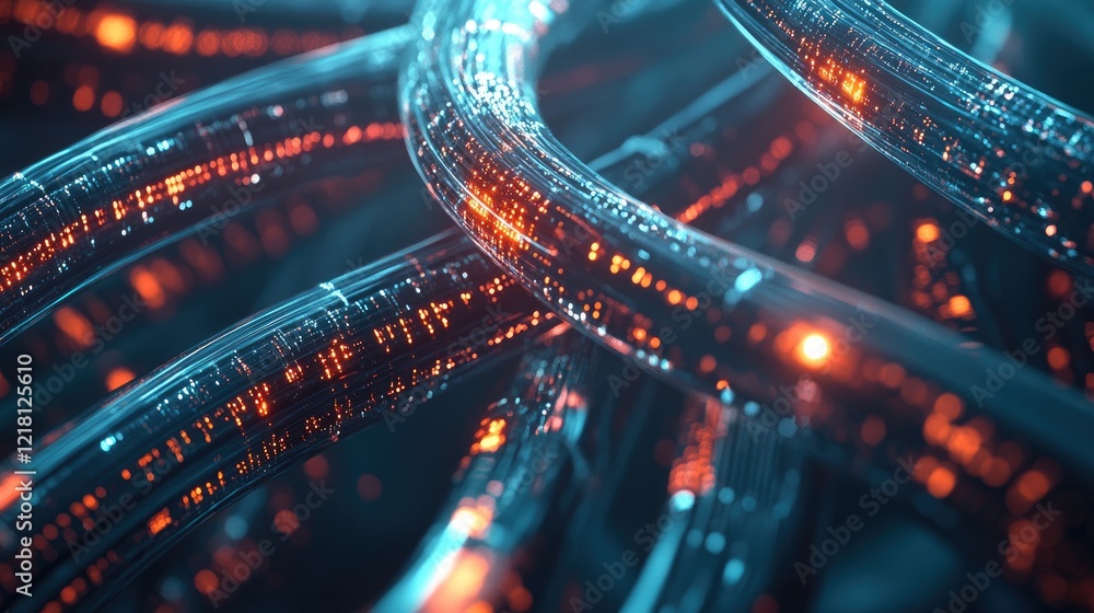 Poster A digital rendering of fiber optic cables with fast-moving light signals, symbolizing the transfer of data in a modern, high-speed communication network