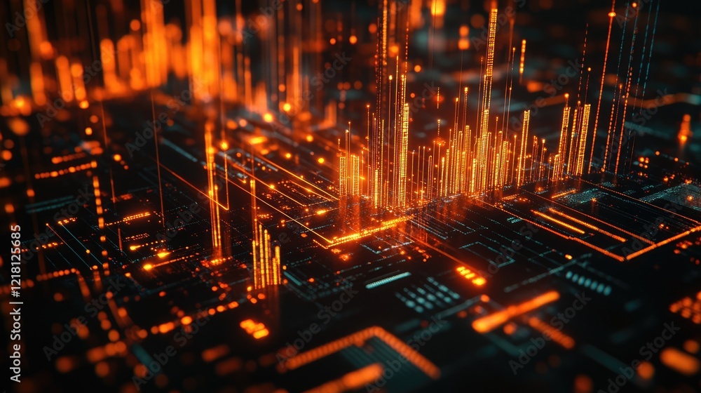 Poster A dynamic 3D trading chart filled with glowing candle bars, overlaid with abstract data and infographics, symbolizing the future of financial technology