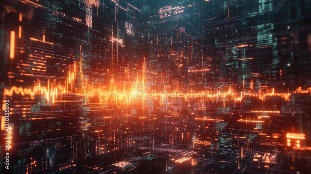 Poster A dynamic 3D trading chart filled with glowing candle bars, overlaid with abstract data and infographics, symbolizing the future of financial technology