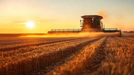 Fototapeta premium A dramatic shot of wheat grains spilling from the harvest in a golden field, with the setting sun casting warm light over the rural landscape