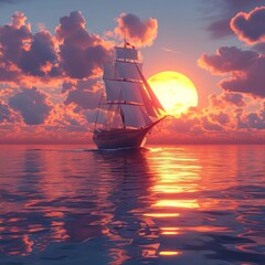 Obraz premium Majestic sailing ship at sunset, sailing on calm ocean waters with vibrant sky and clouds.