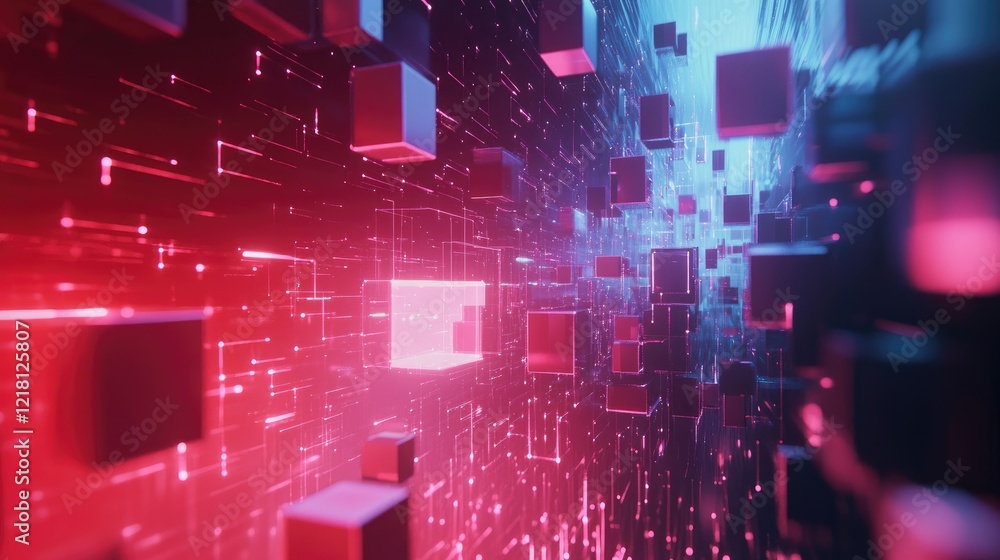 Poster a dynamic digital design with futuristic cubes, ai data flows, and cloud technology, representing th