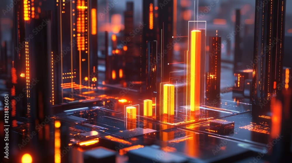 Poster A futuristic 3D chart with glowing candle bars, surrounded by abstract data elements, illustrating a dynamic financial trading environment