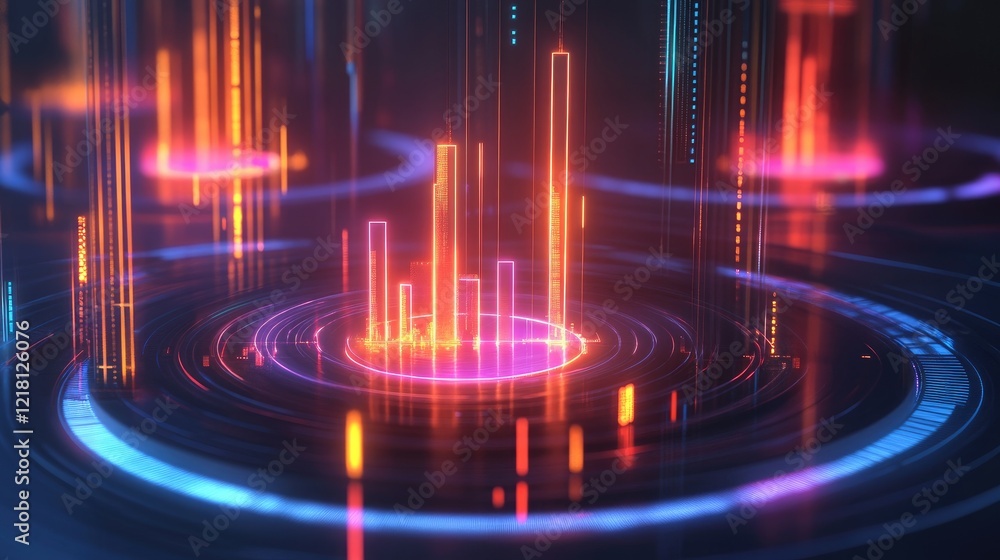 Aufkleber a futuristic 3d chart with glowing candle bars, surrounded by abstract data elements, illustrating a