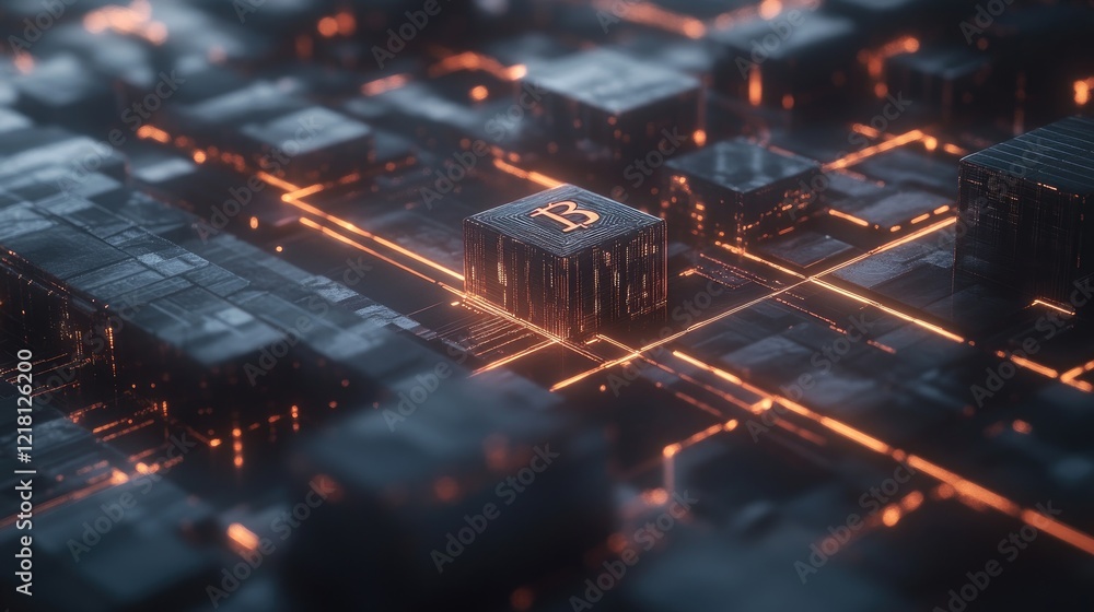 Poster a futuristic 3d concept of bitcoin blocks floating in a digital space, connected by glowing lines, s