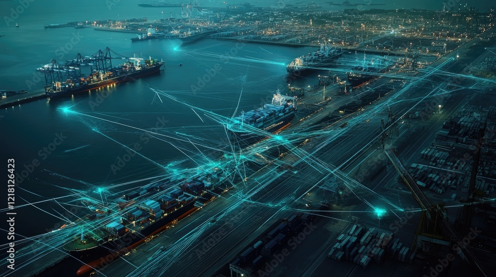 Poster A futuristic aerial view of a port with digital lines connecting ships and cargo, illustrating the rise of smart ports and digital infrastructure in logistics