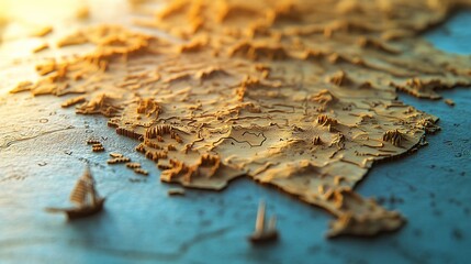 Sunlit 3D map, coastal terrain, sailboat, travel brochure