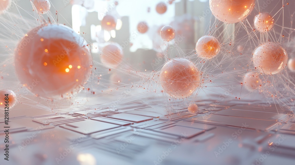 Fototapete A futuristic digital scene featuring AI data cubes and spheres connected by digital networks, symbolizing the complexity of AI processing and data flow