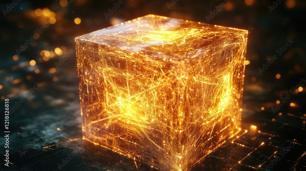 Aufkleber A glowing 3D data cube with intricate lines and digital patterns, symbolizing the complexity and power of technology and data storage