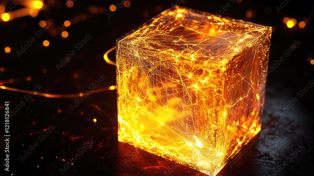 Poster A glowing 3D data cube with intricate lines and digital patterns, symbolizing the complexity and power of technology and data storage