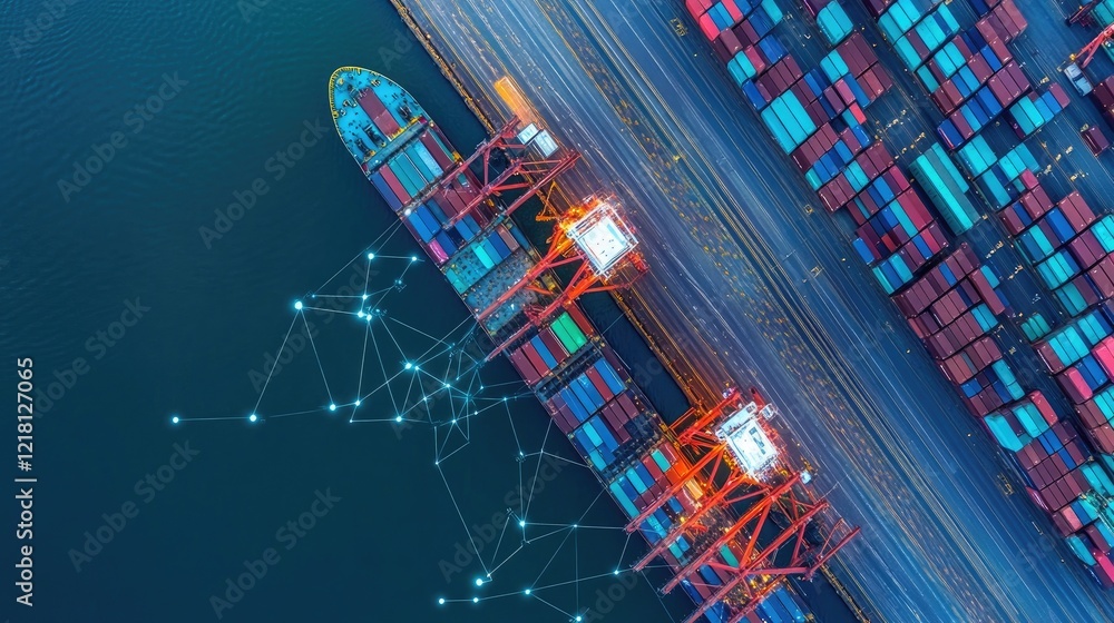 Poster A high-angle shot of a port with digital lines linking containers and ships, representing the future of connected logistics and smart supply chain systems