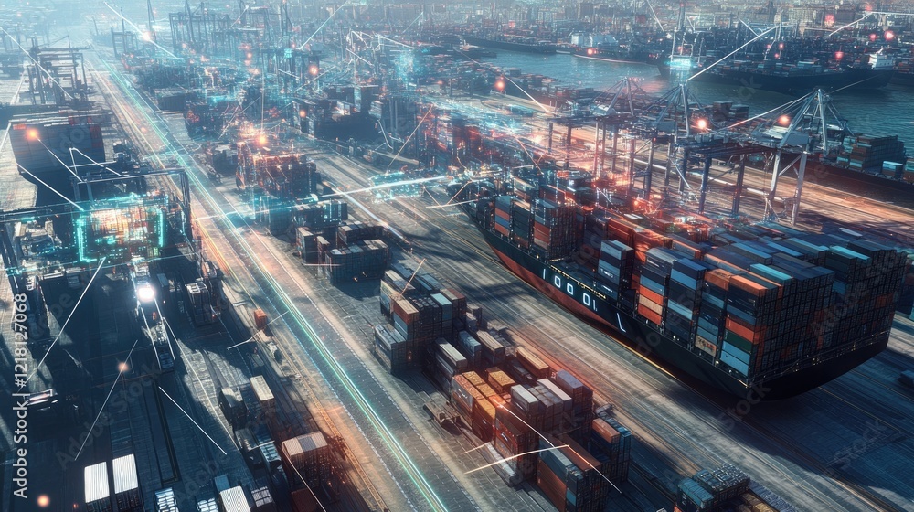 Poster a high-angle shot of a port with digital lines linking containers and ships, representing the future