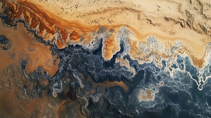 Obraz premium Aerial view of a coastline blending sand and water with vibrant colors.