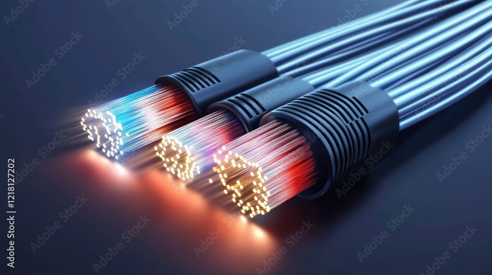 Poster A high-tech digital composite of fiber optic cables glowing with data transmission, representing the speed and capacity of modern communication networks