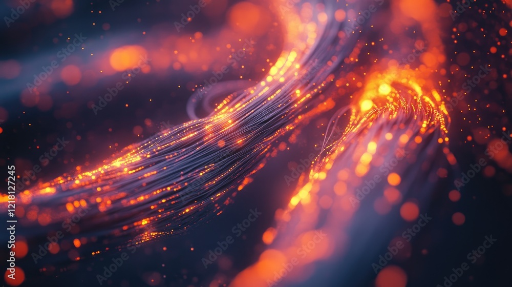 Poster a high-tech digital composite of fiber optic cables glowing with data transmission, representing the