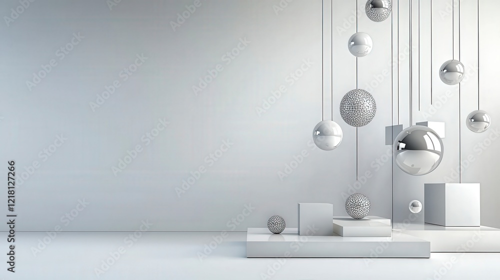 Poster Minimalist abstract composition of floating geometric forms unique digital art in a calm gallery environment