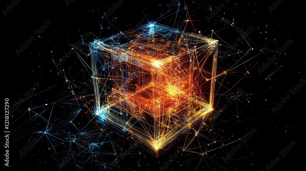 Poster A high-tech digital cube surrounded by a glowing network of interconnected lines, symbolizing the structure and flow of data in technology