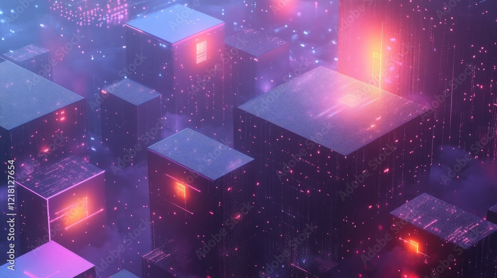 Poster A high-tech representation of data transformation through AGI, with glowing visuals of data streams, cubes, and digital storage