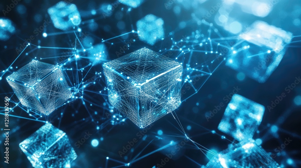 Aufkleber A high-tech visualization of an abstract array of cubes, with digital data streams flowing between them, representing the future of data storage and processing