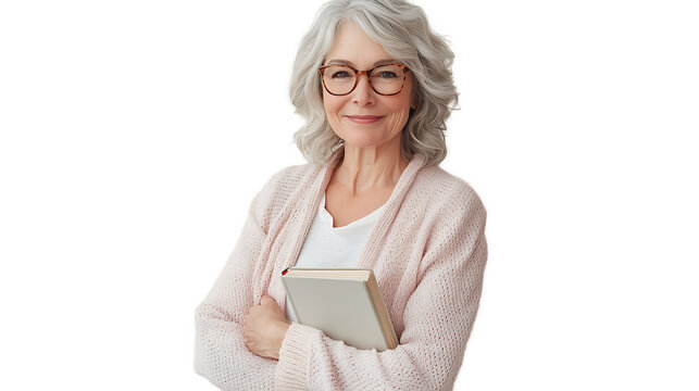Smiling Senior Woman Holding Book, Grey Hair, Glasses, Pink Cardigan isolated on transparent background
