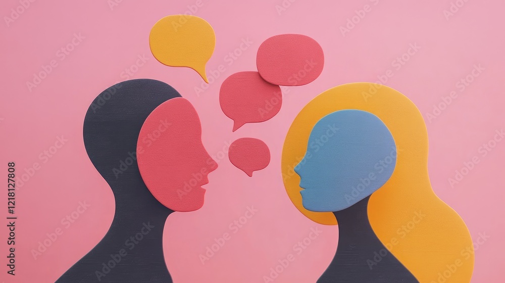 Poster A minimalist design with two abstract talking heads, each in a different color, and speech bubbles indicating an ongoing conversation