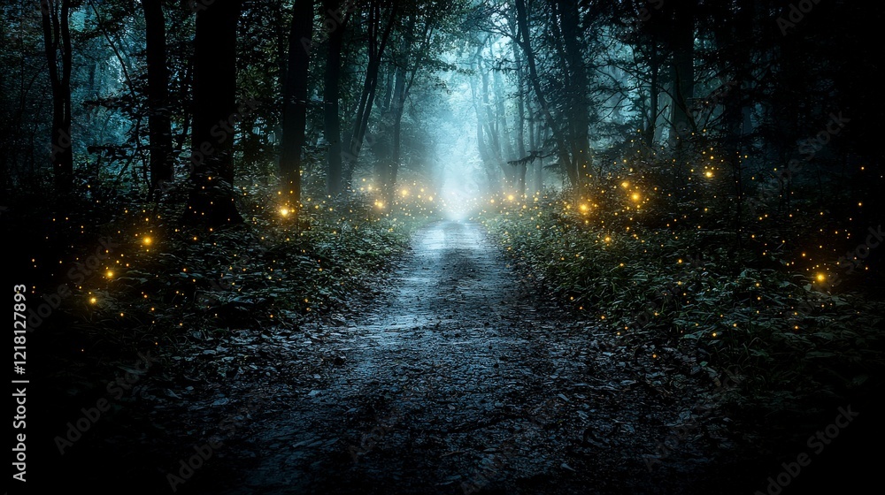 Poster enchanting fireflies illuminate a tranquil forest path at twilight nature scene serene environment d