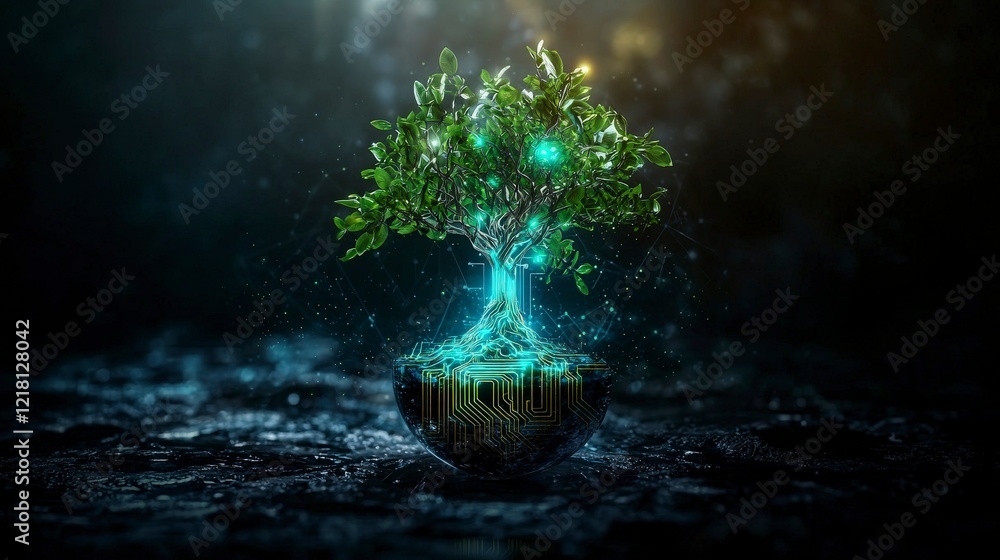 Poster Futuristic tree with glowing circuit patterns digital landscape 3d art nature close-up eco-tech concept