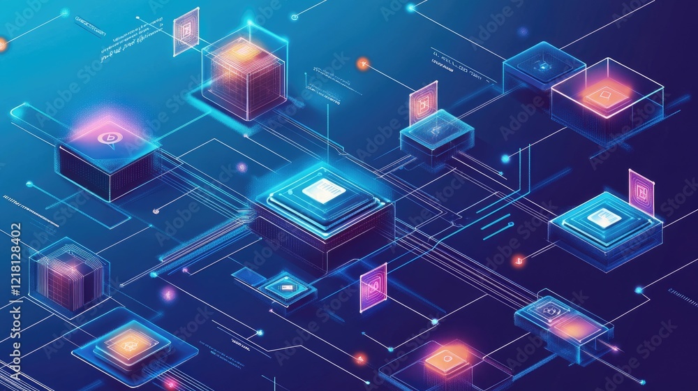 Poster A modern infographic illustrating the key concepts and flow of blockchain technology, with flowing lines and interconnected nodes to visualize decentralized networks