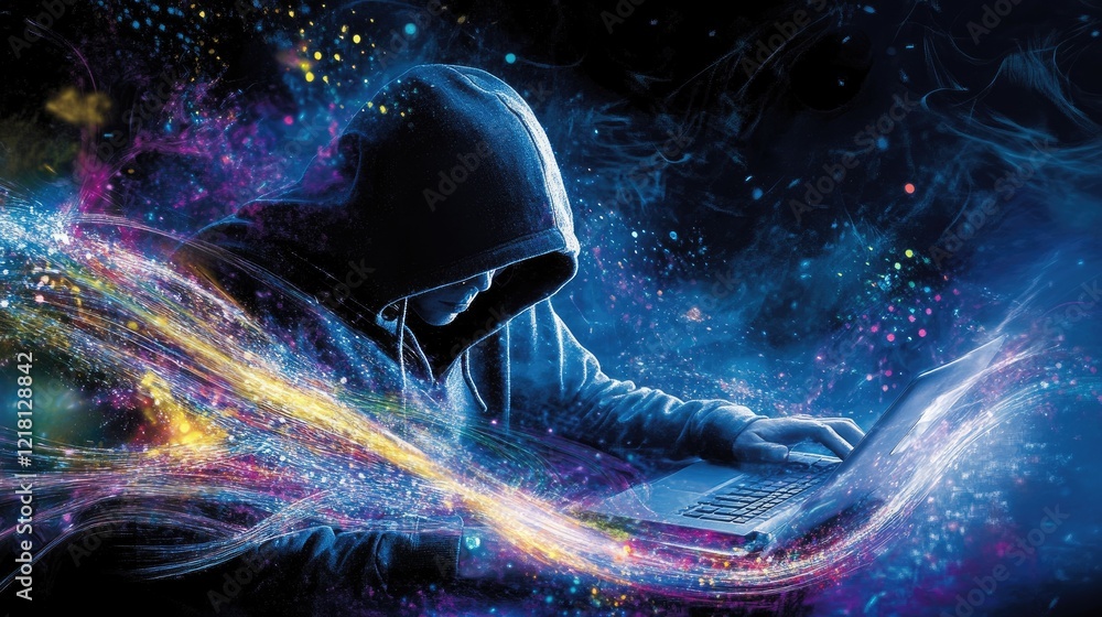 Poster A mysterious figure in a hoodie typing on a laptop, with digital data streams representing the act of hacking, cybercrime, and the creation of false identities