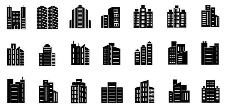 Building icons collection, skyscraper cityscape symbol vector set. 