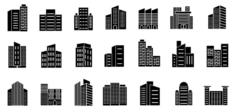 Building icons collection, skyscraper cityscape symbol vector set. 