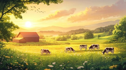 Fototapeta premium A peaceful rural scene with cows and calves grazing in a meadow, bathed in the warm glow of the summer sun, symbolizing the simplicity of farm life