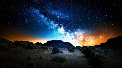 Naklejka premium Wide angle night sky photography of the milky way cosmic beauty in a remote desert landscape