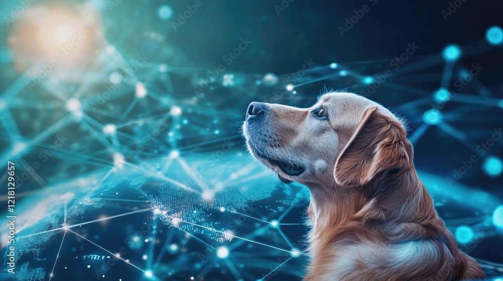 Poster a playful and creative stock photo of a dog with digital signals and network connections extending a