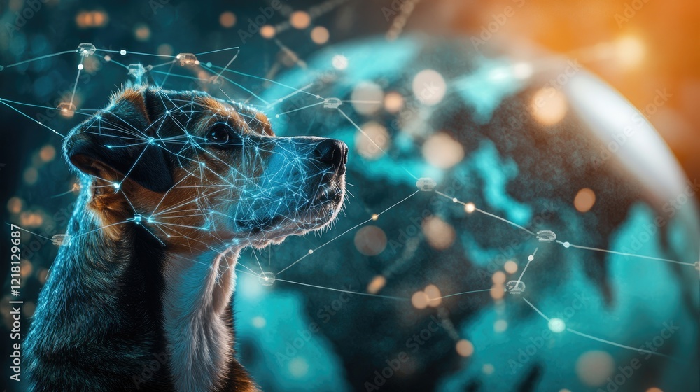 Poster a playful and creative stock photo of a dog with digital signals and network connections extending a