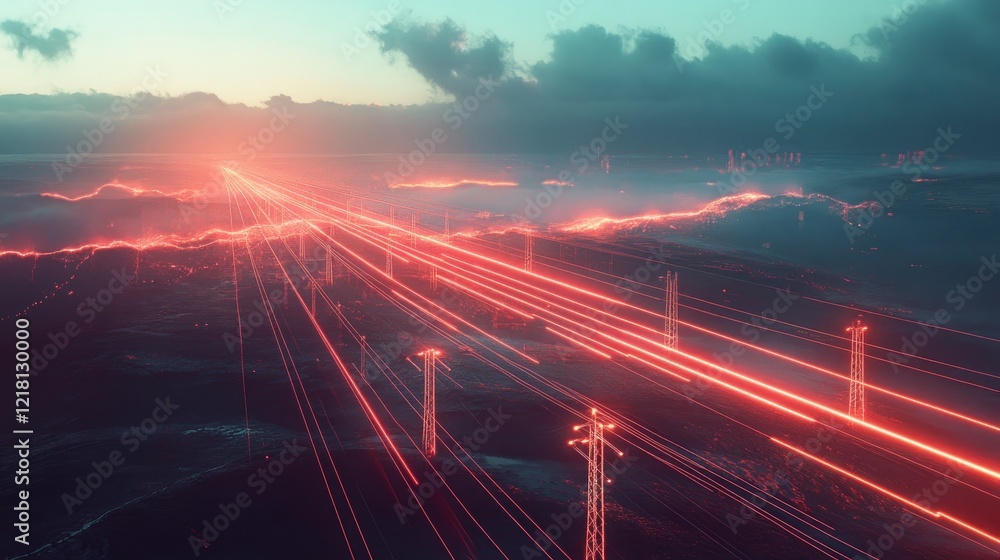 Poster a powerful image of electric power lines crossing a vast landscape, with glowing transmission lines 