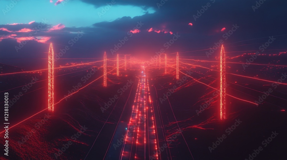 Poster a powerful image of electric power lines crossing a vast landscape, with glowing transmission lines 